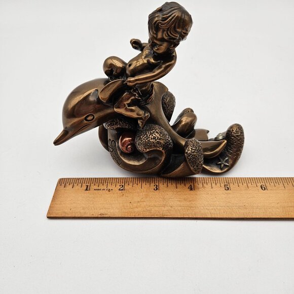 Vintage 1977 Giovanni Schoeman Cold Cast Bronze Sculpture Cherub Boy on Dolphin - Picture 8 of 10